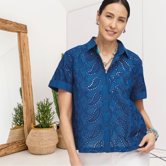 Chicos Short Sleeve Paisley Eyelet Button Down Top - Picture 2 of 13